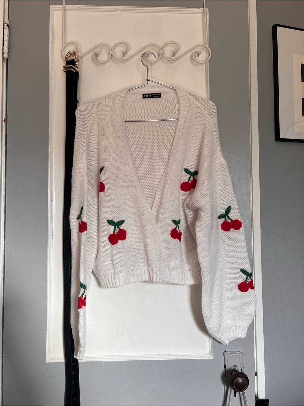 Brandy Melville White V-Neck Sweater with Red Cherry Embroidery